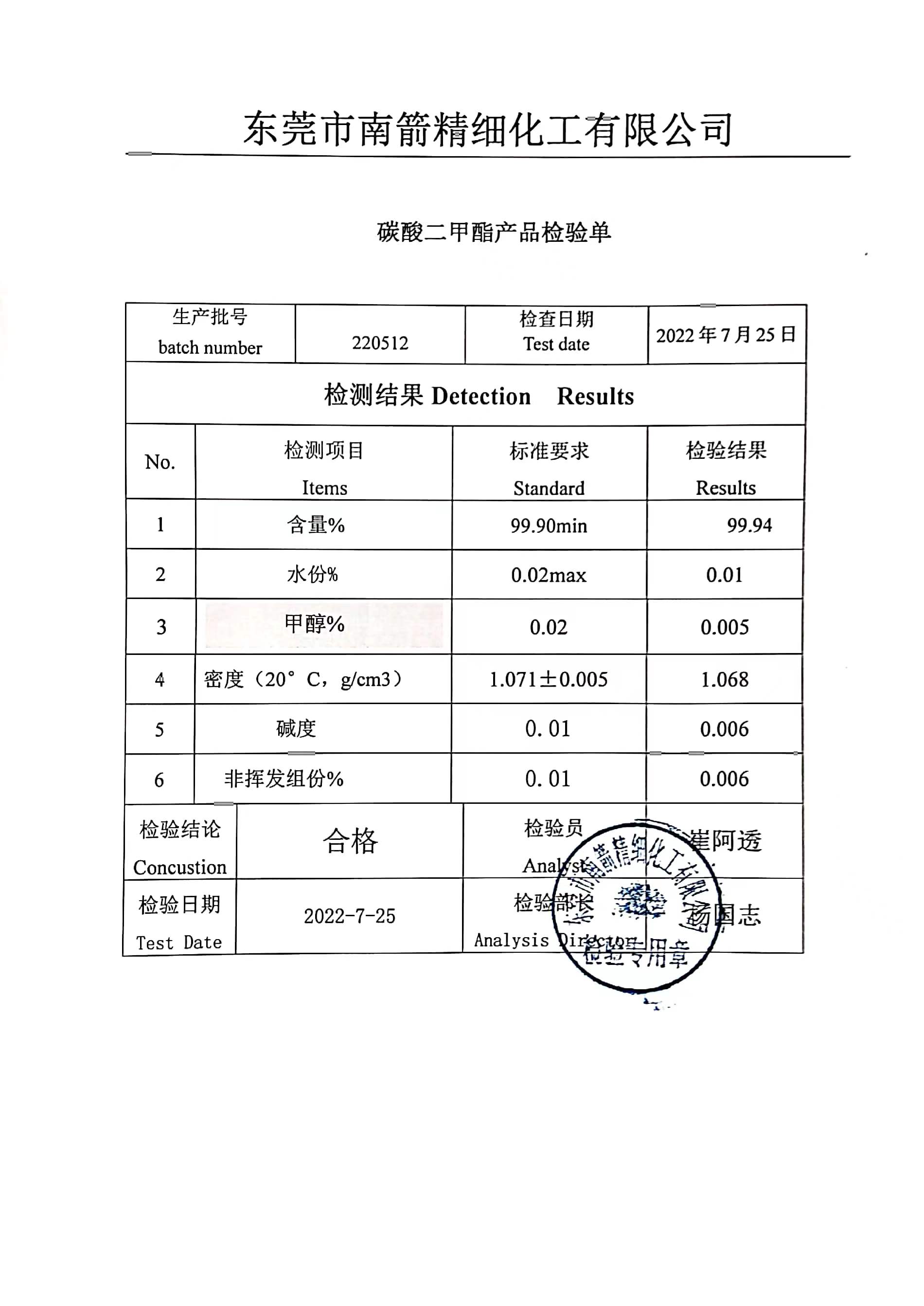 碳酸二甲酯DMC檢測報告