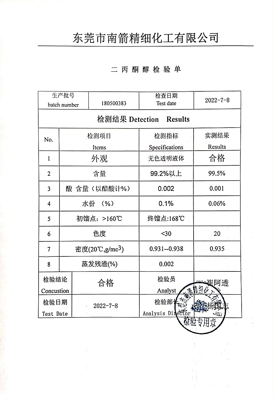 二丙酮醇DAA質(zhì)量檢測報(bào)告