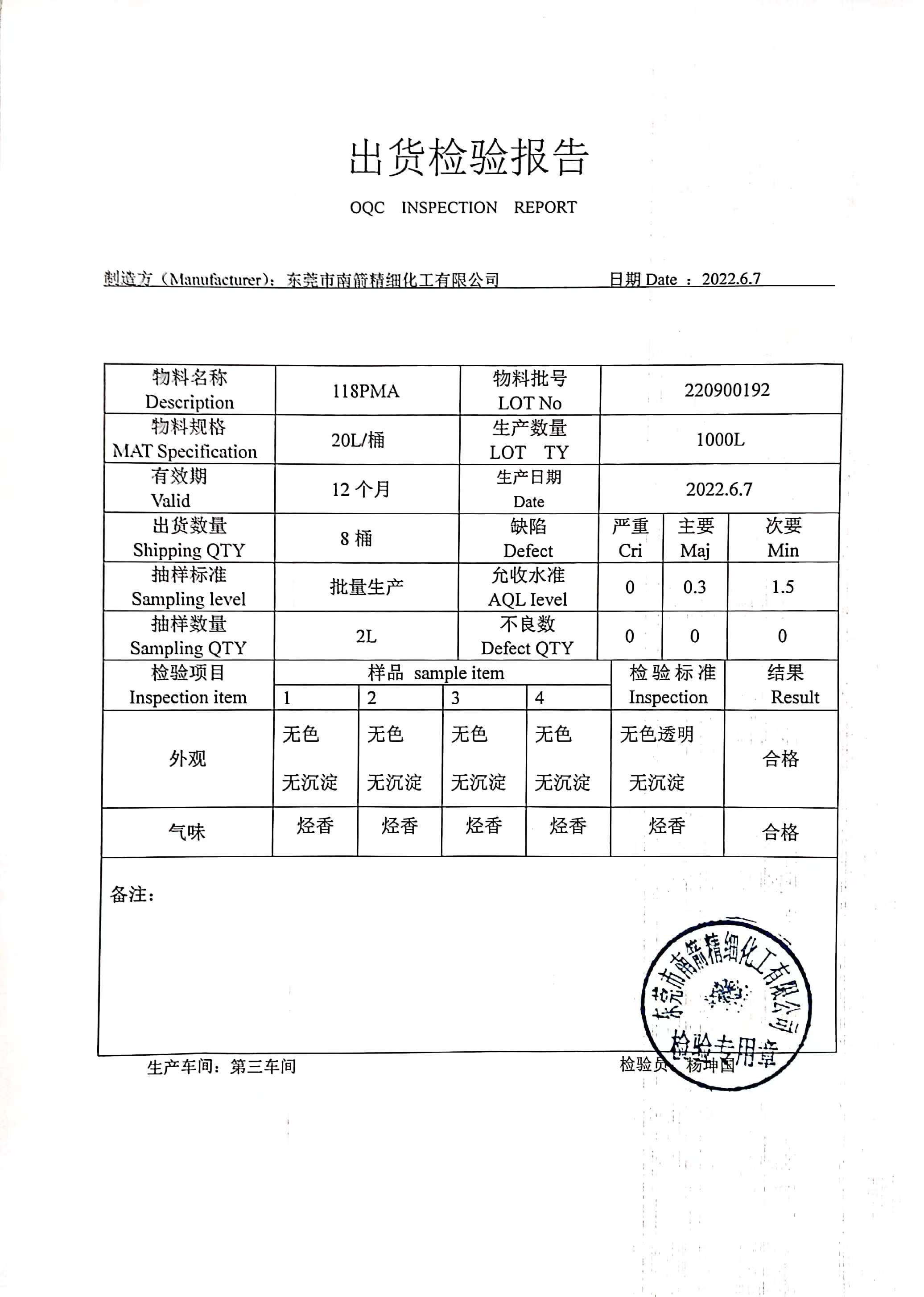 丙二醇質(zhì)量檢測報告